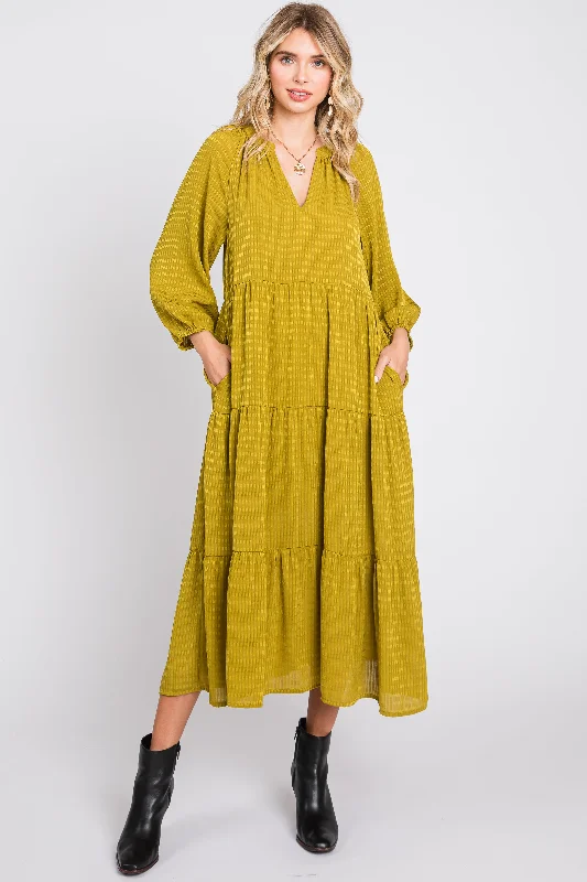 Chic Casual Style Lime Textured Tiered Midi Dress