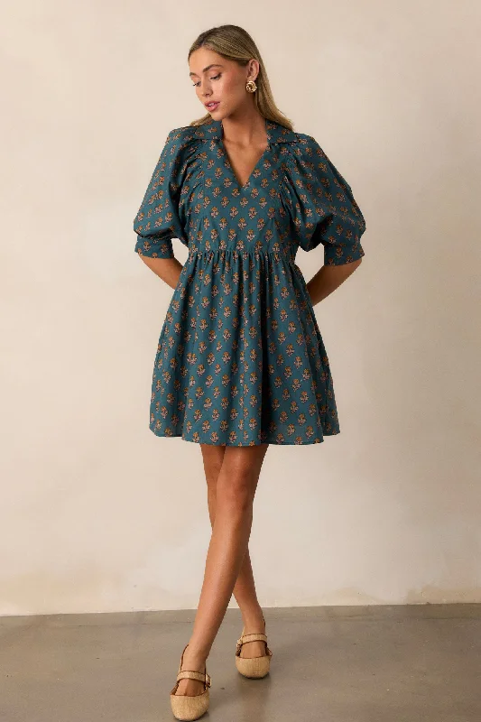 Women's Holiday Apparel Look On Your Face Teal Floral Mini Dress