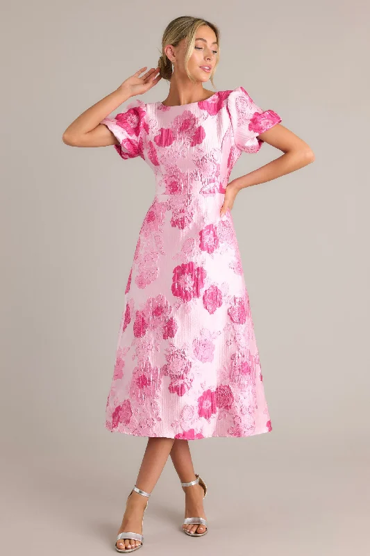 Chic Clothes For Women Luxe Living Light Pink Floral Jacquard Midi Dress