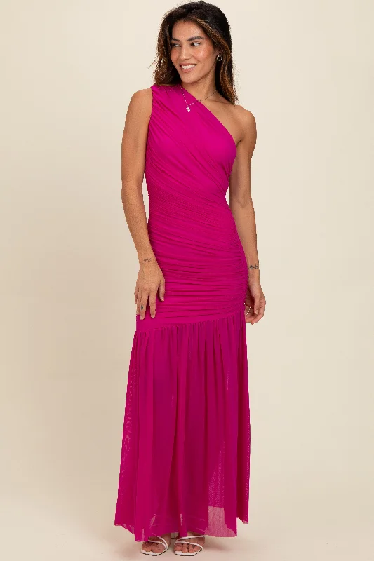 Vibrant Styles Magenta Ruched Mesh One Shoulder Maxi Dress