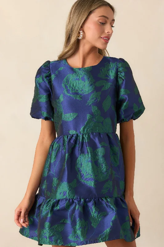 Women's Work Apparel Making It Shine Midnight Blue Floral Jacquard Mini Dress