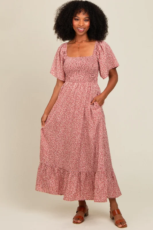 Current Trends Mauve Flowy Ditsy Floral Smocked Midi Dress