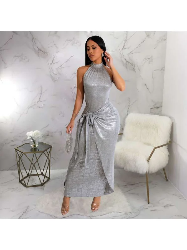 Versatile Outfits Metallic Fitted Bandage Sleeveless Maxi Dress