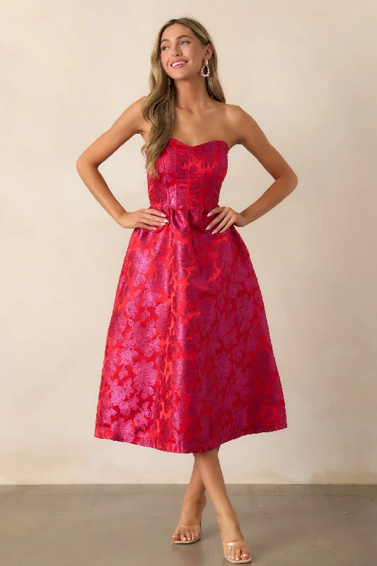 Modern Women's Apparel Midnight Magic Red & Pink Jacquard Midi Dress