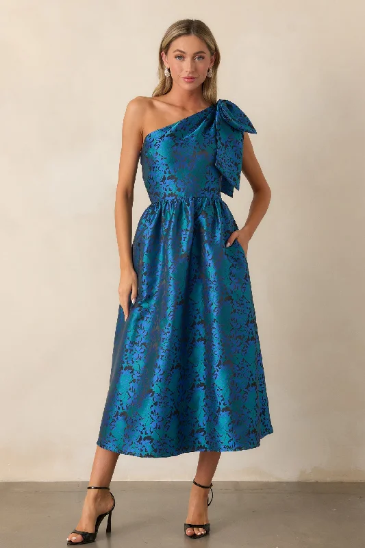 Women's Occasion Wear Apparel Midnight Toasts Blue Jacquard One Shoulder Midi Dress