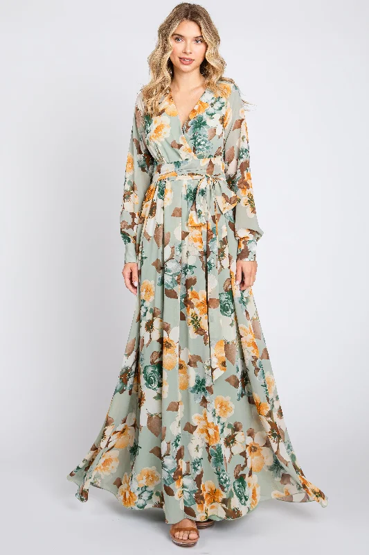 Luxe Women's Fashion Mint Green Floral Chiffon Wrap Front V-Neck Long Sleeve Maxi Dress