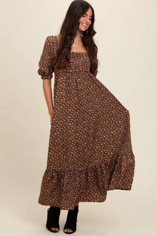 Trend Alert Mocha Floral Pleated Bodice Maxi Dress