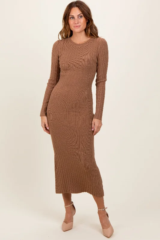 Urban Femme Streetwear Mocha Ribbed Knit Fitted Midi Sweater Dress