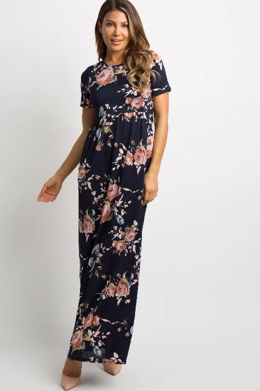 Street Style Fashion Navy Blue Rose Print Short Sleeve Maxi Dress