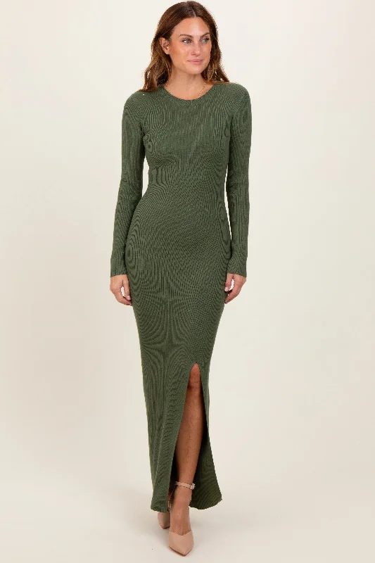 Exclusive Sale Olive Ribbed Knit Long Sleeve Side Slit Maxi Dress