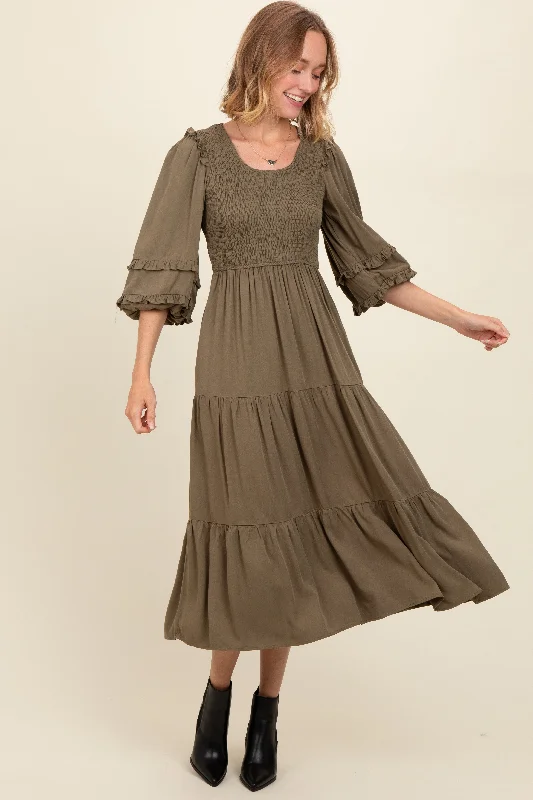 Casual Fashion Olive Smocked Ruffle Shoulder Tiered Midi Dress