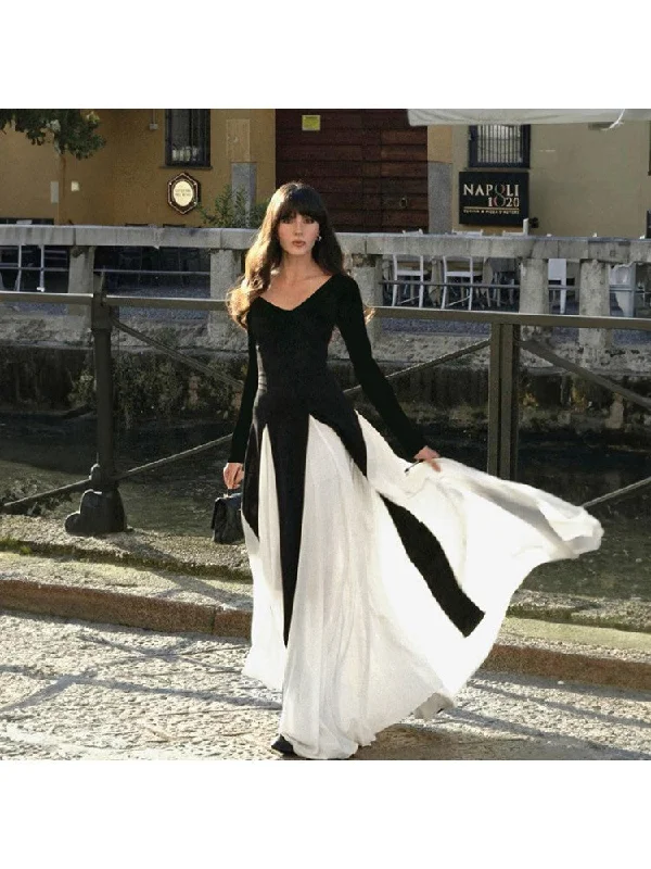 Must-Have Styles Patchwork Colorblock Swing Long Sleeve Maxi Dress