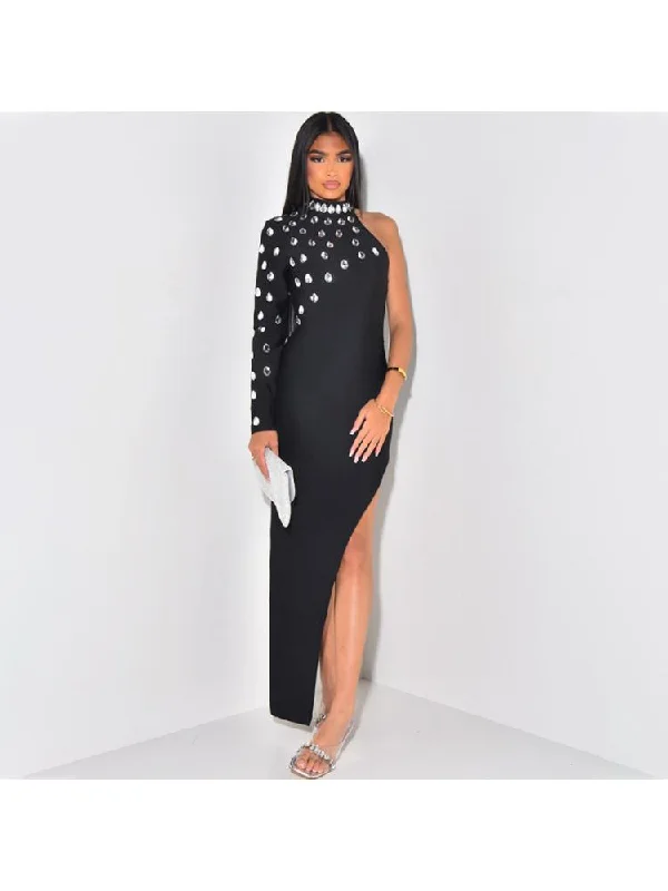 Sophisticated Style Patchwork Hotfix Rhinestones Split Hem Maxi Dresses