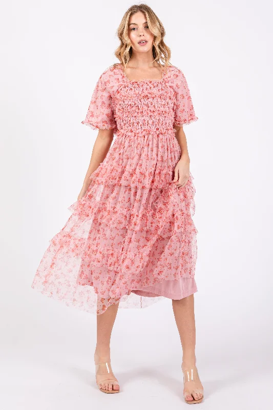 Fashion Essentials Pink Floral Tulle Smocked Ruffle Tiered Midi Dress