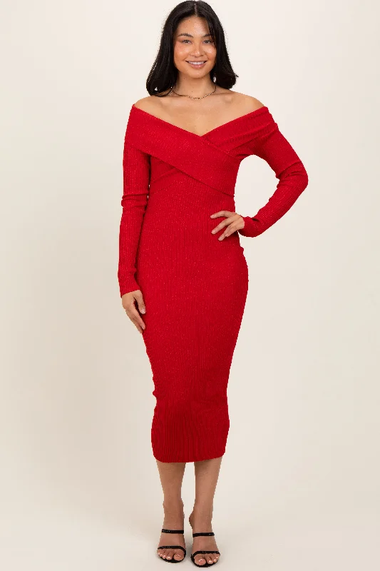 Urban Femme Streetwear Red Ribbed Crossover Off Shoulder Midi Dress