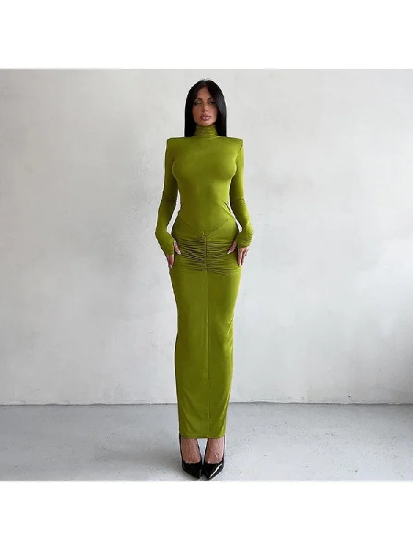 Vibrant Femme Fashion Ruched Turtleneck Bodycon Maxi Dress