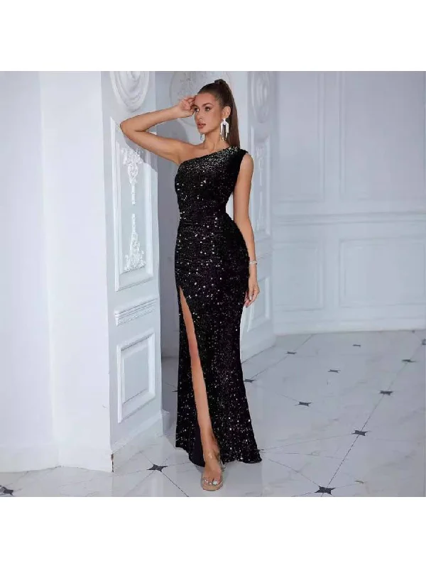 Edgy Fashion Sequin One Shoulder Split Hem Prom Dresses