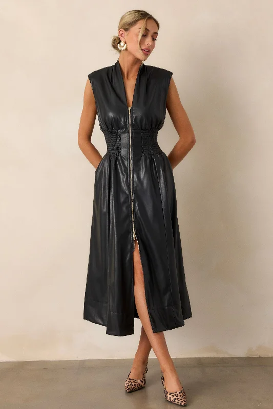 Women's Stylish Professional Apparel Solaris Dream Black Faux Leather Sleeveless Midi Dress