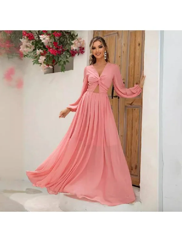 Glamorous Evening Wear Solid Color Hollow-out Knot Lantern Sleeve Maxi Dress