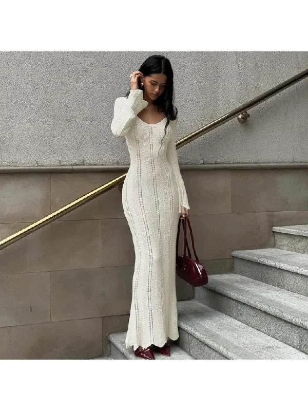 Free Spirited Fashion Solid Color U Neck Long Sleeve Maxi Dress