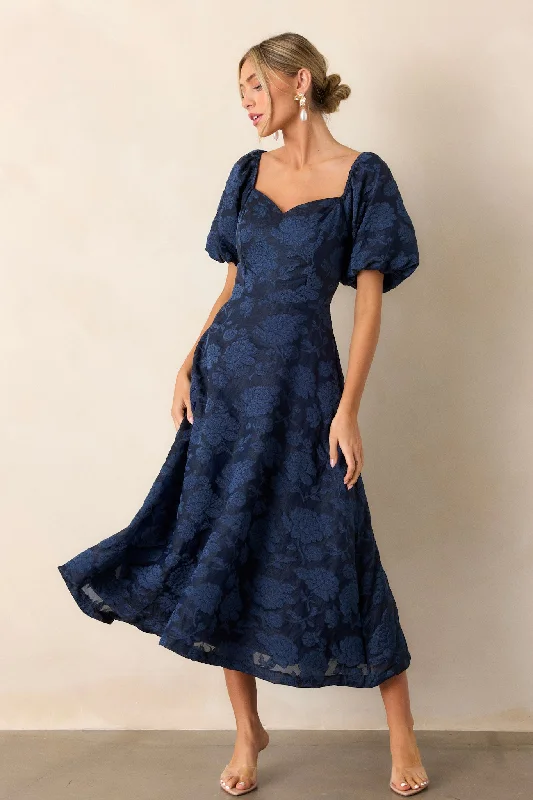 Women's Versatile Apparel Starlit Evenings Navy Floral Jacquard Midi Dress