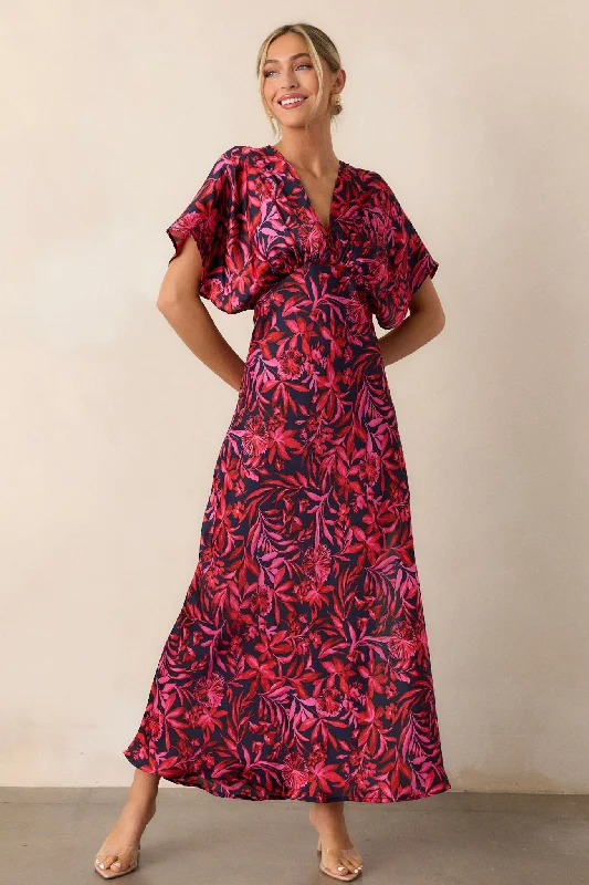 Seasonal Trends Waltz Through Time Fuchsia Floral Satin Maxi Dress