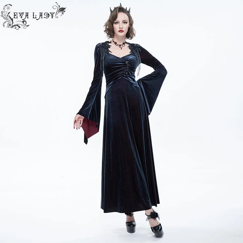 Chic Outfits Women's Gothic Flare Sleeved Velet Maxi Wedding Dress With Shoulder Boards Dark Blue