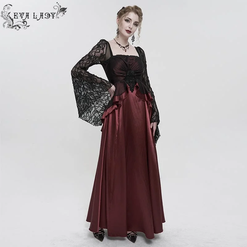 Elegant Clothing Women's Gothic Lace Sleeved Layered Draped Wedding Dress