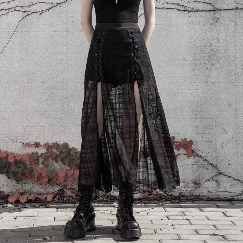 Everyday Wear Women's Grunge Side Slit Lacing Plaid Chiffon Maxi Skirts