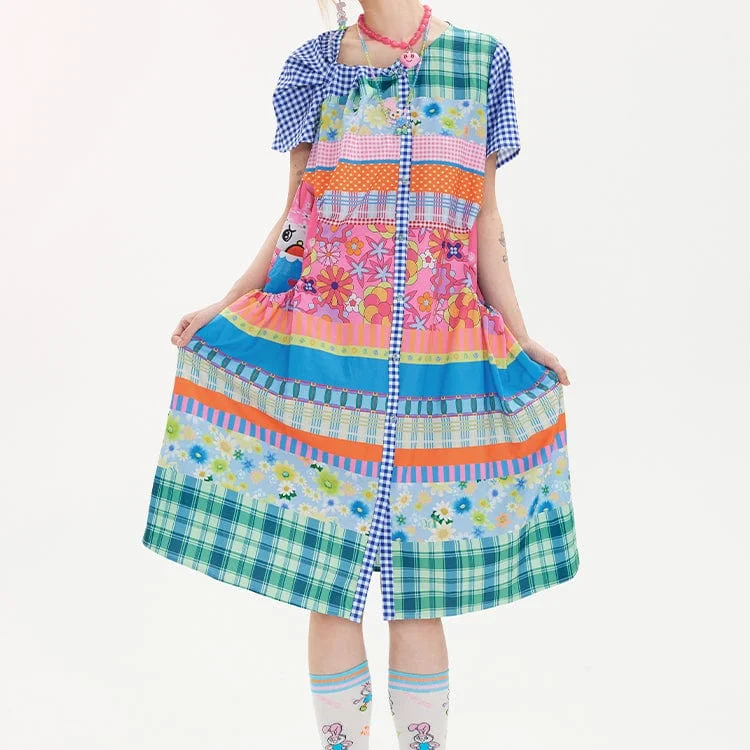 Charming Women's Holiday Apparel Women's Kawaii Knot Patchwork Plaid Dress