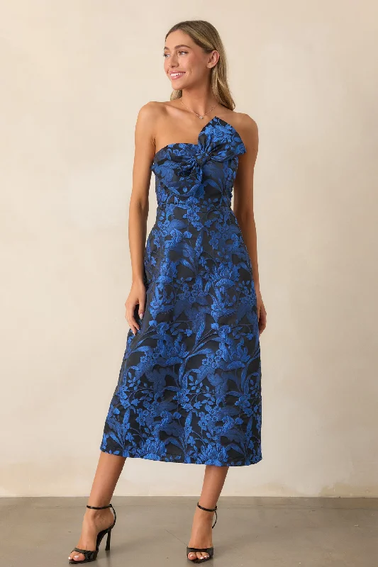 Fashionable Women's Casual Apparel You're Electric Midnight Blue Jacquard Strapless Midi Dress