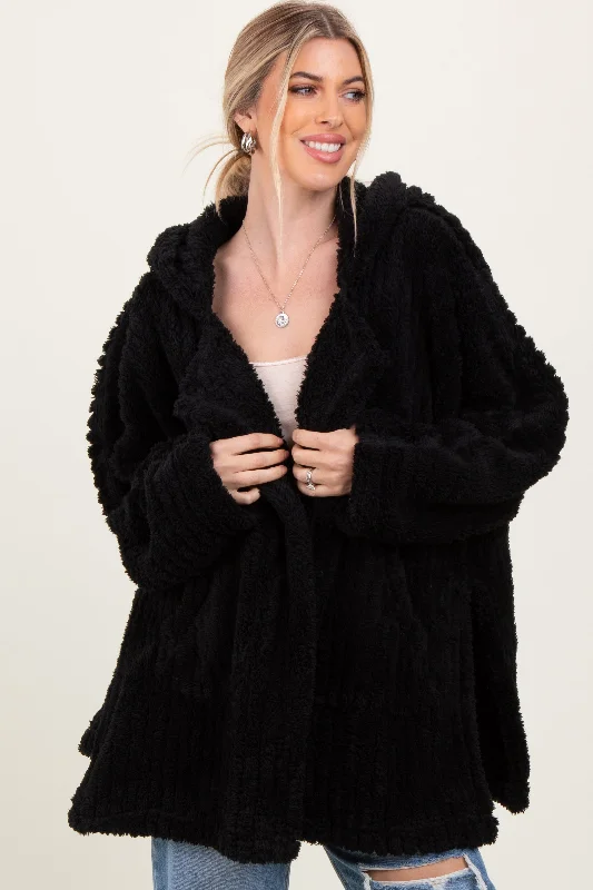 Women's Trendy Attire Black Fuzzy Slit Hem Hooded Cardigan