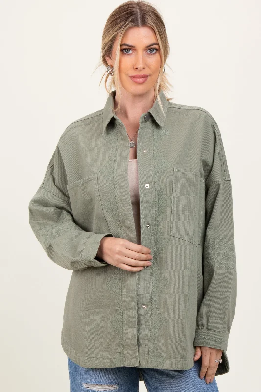 Women's Cozy Winter Attire Light Olive Embroidered Snap Button Shirt Jacket