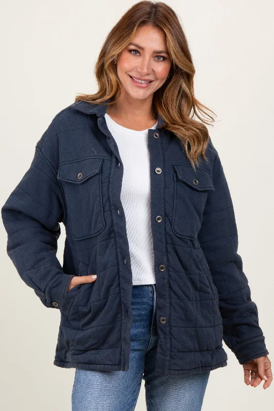 Women's Transitional Attire Navy Oversized Collared Button Down Quilted Jacket