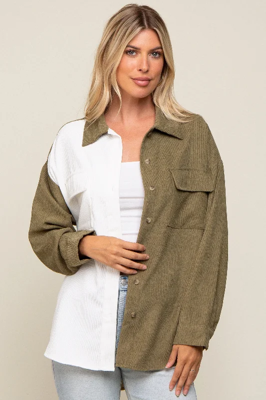 Women's Stylish Casual Garments Olive Color blocked Courdoroy Button Down Top